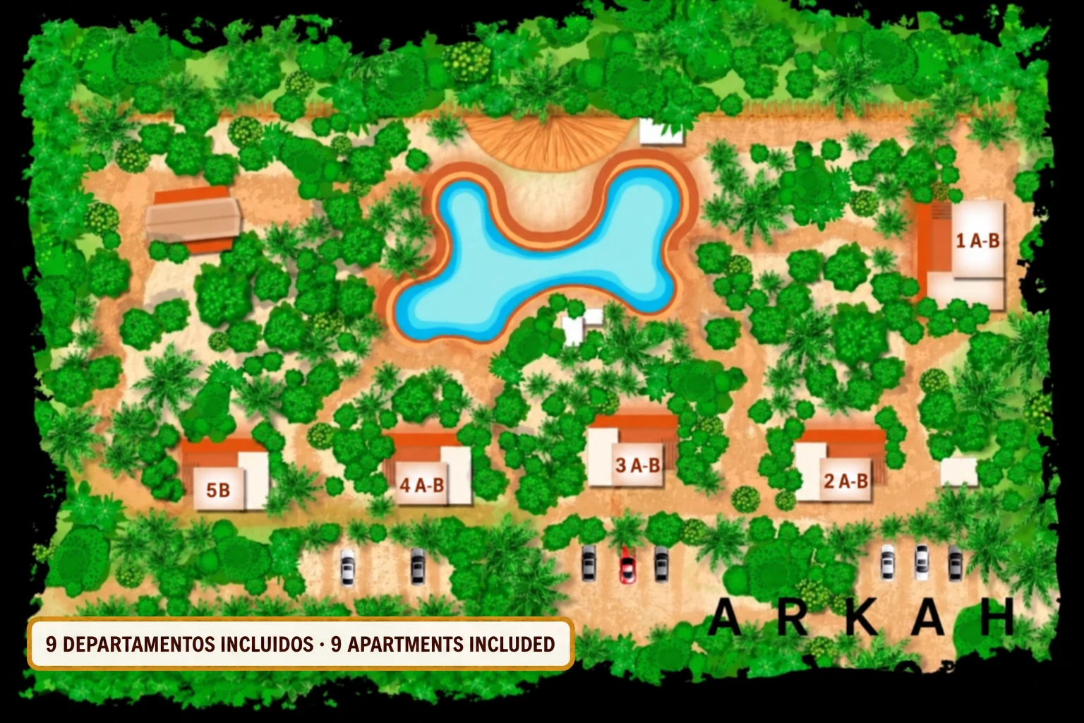 Illustrated ARKAH property layout showing nine included guest apartments, pool, pavilion, gardens and parking; the lower-left apartment is labeled 5B.